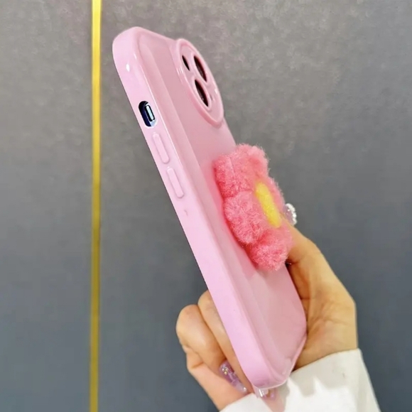 iPhone 14 Pink Flower Phone Case with Fuzzy 3d Flower - Picture 2 of 5